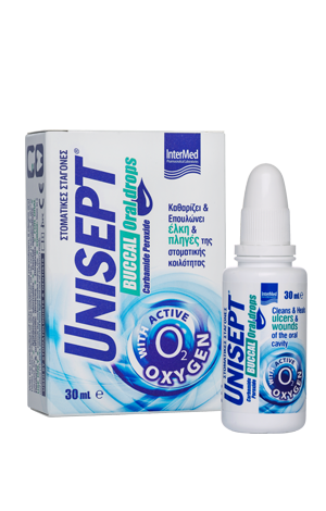 Intermed Unisept Buccal Drops Σταγόνες Στόματος για Καθαρισμό, Επούλωση, Ανακούφιση Ελκών & Πληγών 15 ml