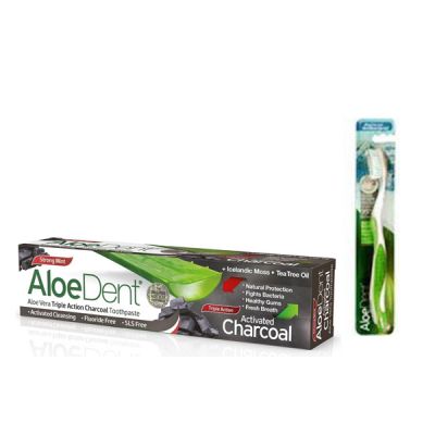 Optima AloeDent® Triple Action Charcoal Toothpaste 100ml + Δώρο οδοντόβουρτσα Πράσινη