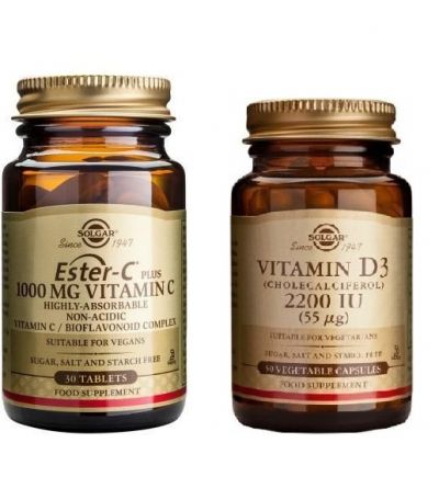 Solgar Ester-C Plus 1000mg Vitamin C 30caps & Solgar Vitamin D3 2200iu 55μg 50caps