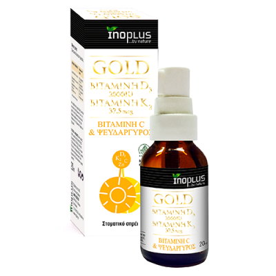 Inoplus Gold Spray-Συμπλήρωμα Διατροφής σε Σπρέι με Βιταμίνη D3 2000iu & Βιταμίνη K2 37,5mg & Βιταμίνη C 180mg & Ψευδάργυρο 5mg, 20ml