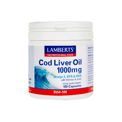 Lamberts Cod Liver Oil 1000mg, Μουρουνέλαιο με Ω-3 Λιπαρά Οξέα και Βιταμίνες A,D,E 180 Κάψουλες