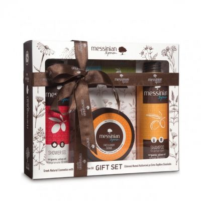 Messinian Spa Gift Set | Shower Gel Ρόδι & Μέλι 300ml - Σαμπουάν Σιτάρι & Μέλι 300 ml - Face & Body Scrub 250ml