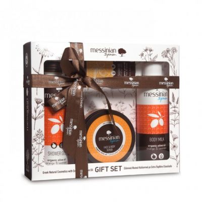 Messinian Spa Gift Set 2 - Πορτοκάλι & Λεβάντα Shower Gel 300ml | Γαλάκτωμα Σώματος 300ml | Κρέμα απολέπισης προσώπου & σώματος φραγκόσυκο-δίκταμο 250ml