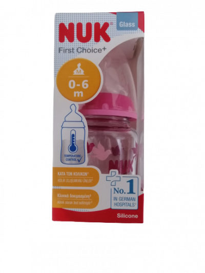 Nuk First Choice - Γυάλινο Μπιμπερό με Έλεγχο Θερμοκρασίας Medium Ροζ 120ml 0-6m