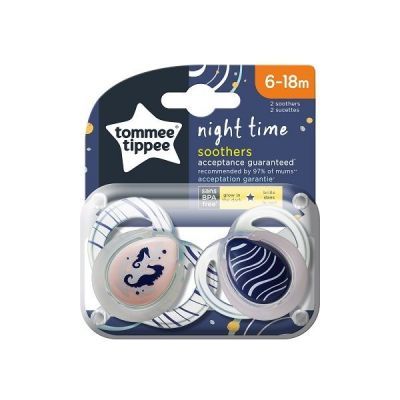Tommee Tippee Πιπίλα Σιλικόνης Night Time 6-18m Άσπρο-Μπλε , 2τμχ