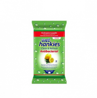 Wet Hankies Clean & Protect Antibacterial Lemon, Αντιβακτηριδιακά Μαντηλάκια με Αιθυλική Αλκοόλη με άρωμα λεμόνι, 15 τμχ