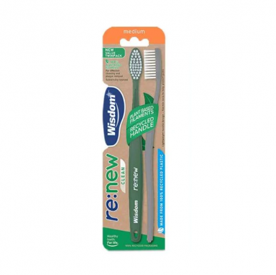 Wisdom Οδοντόβουρτσα με Λαβή από 100% Ανακυκλώσιμο Πλαστικό Medium (Πράσινο-Γκρι) 2τμχ